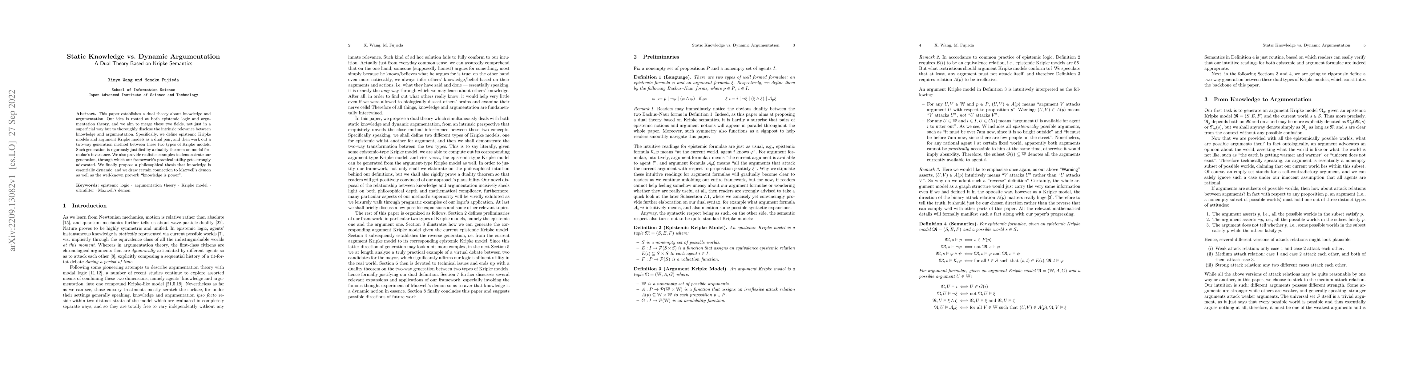 Thumbnail for Static Knowledge vs. Dynamic Argumentation: A Dual Theory Based on
  Kripke Semantics
