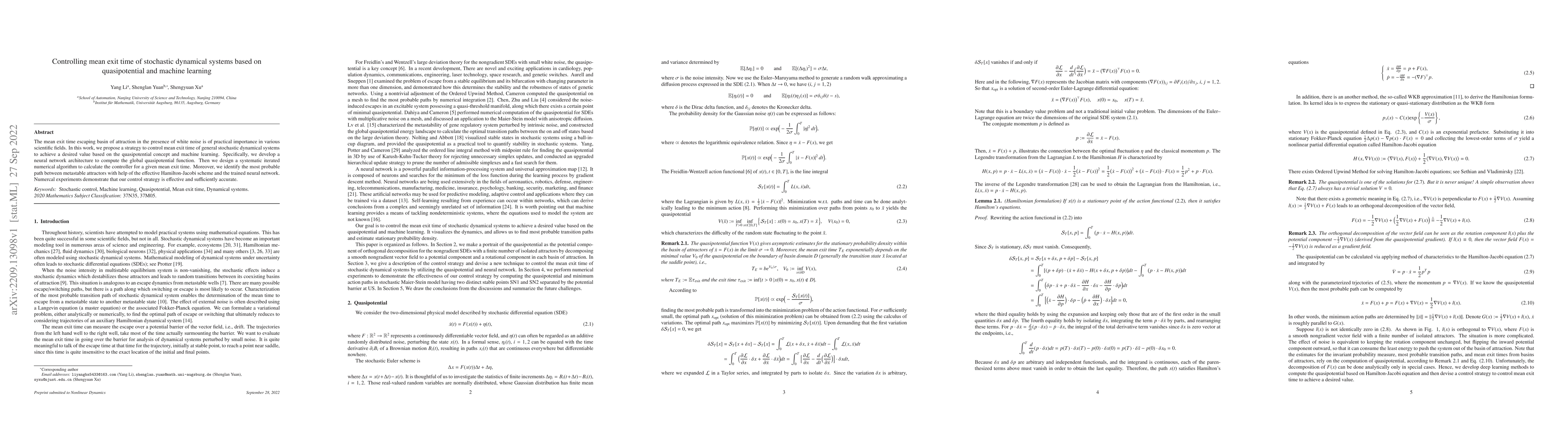 Thumbnail for Controlling mean exit time of stochastic dynamical systems based on
  quasipotential and machine learning