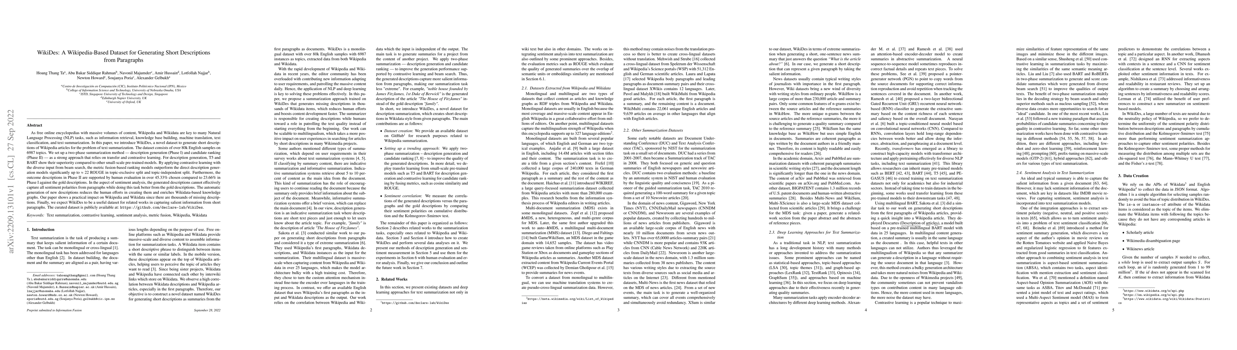 Thumbnail for WikiDes: A Wikipedia-Based Dataset for Generating Short Descriptions
  from Paragraphs