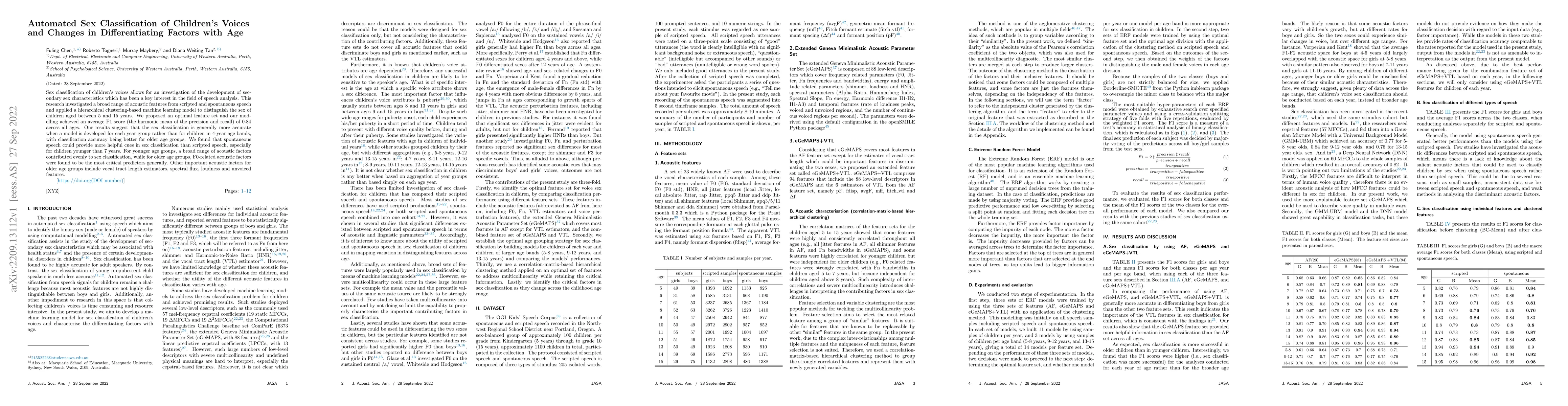 Thumbnail for Automated Sex Classification of Children's Voices and Changes in
  Differentiating Factors with Age