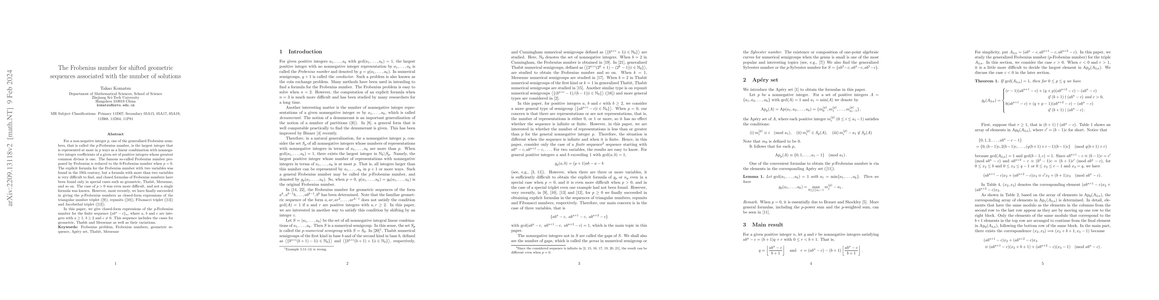 Thumbnail for The Frobenius number for shifted geometric sequences associated with the
  number of solutions