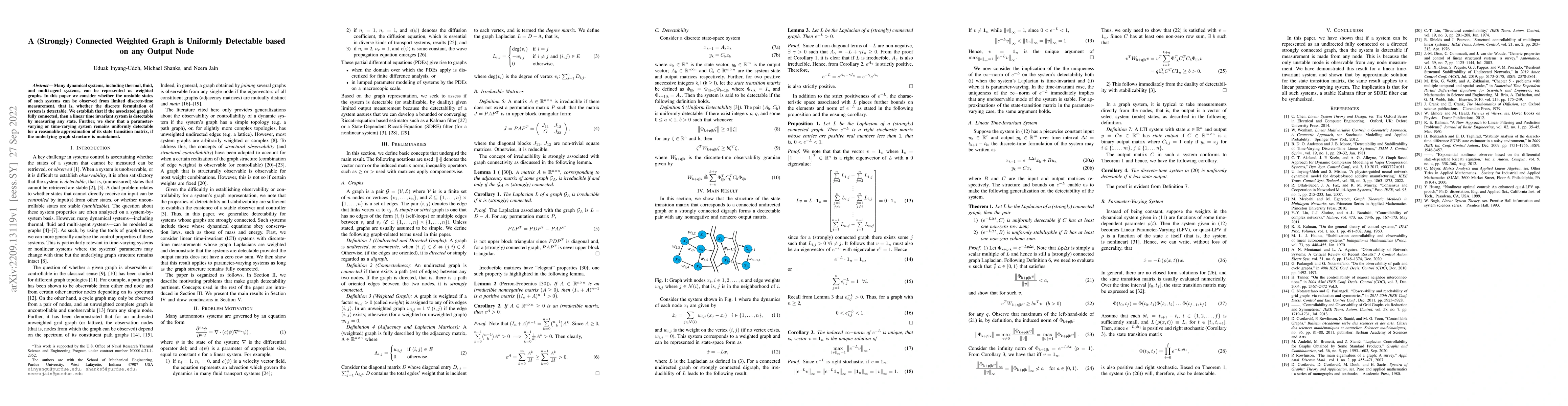 Thumbnail for A (Strongly) Connected Weighted Graph is Uniformly Detectable based on
  any Output Node
