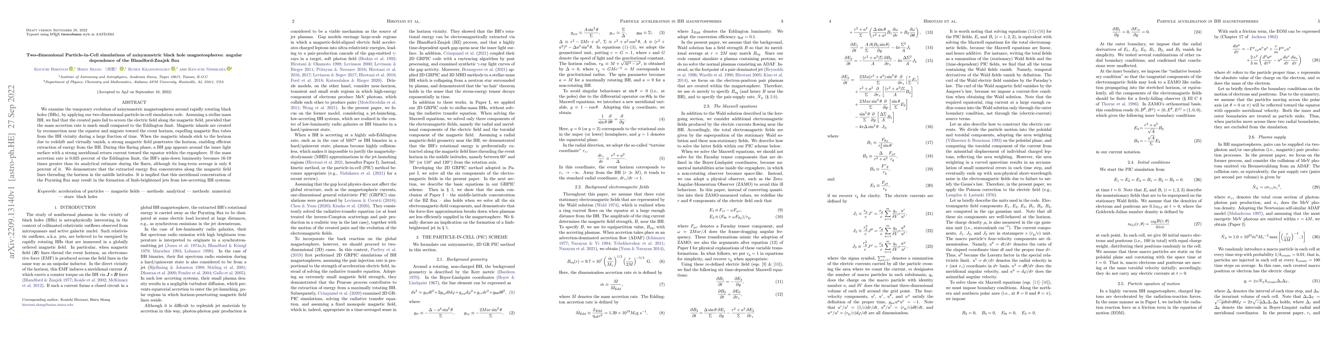 Thumbnail for Two-dimensional Particle-in-Cell simulations of axisymmetric black hole
  magnetospheres: angular dependence of the Blandford-Znajek flux