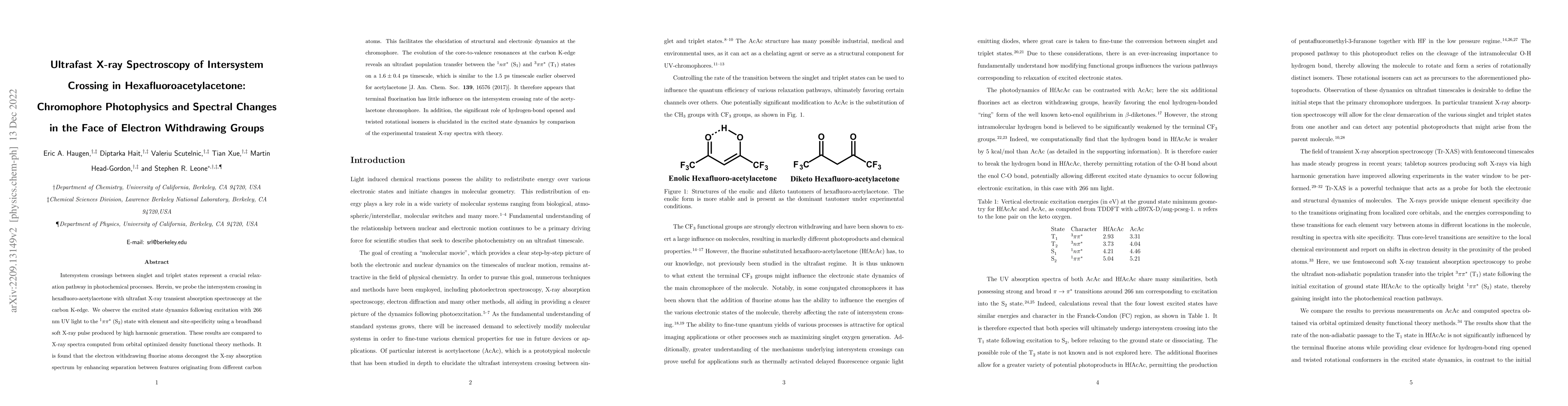 Thumbnail for Ultrafast X-ray Spectroscopy of Intersystem Crossing in
  Hexafluoroacetylacetone: Chromophore Photophysics and Spectral Changes in the
  Face of Electron Withdrawing Groups