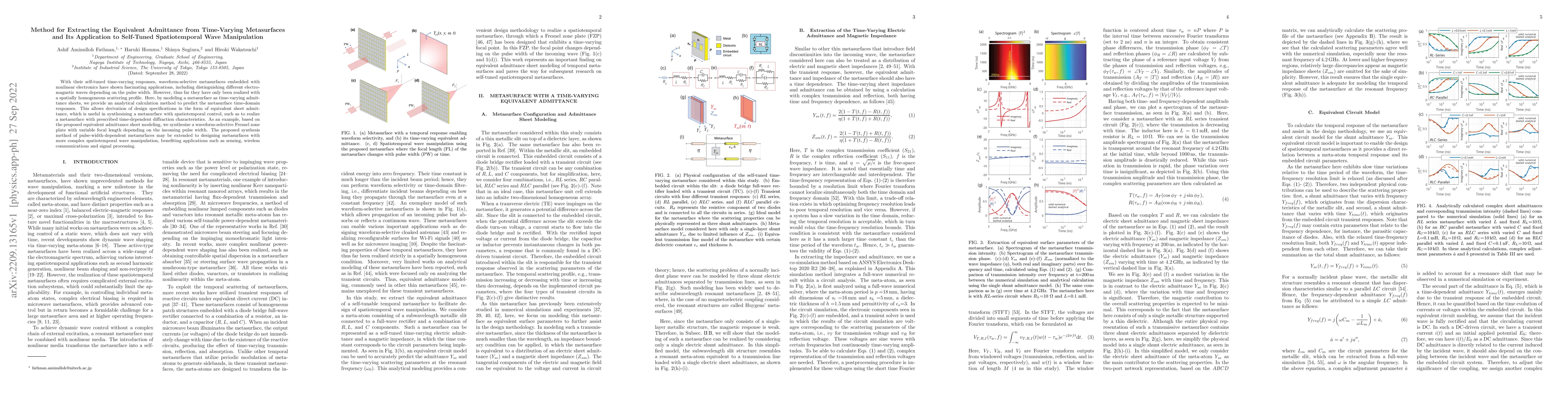 Thumbnail for Method for Extracting the Equivalent Admittance from Time-Varying
  Metasurfaces and Its Application to Self-Tuned Spatiotemporal Wave
  Manipulation