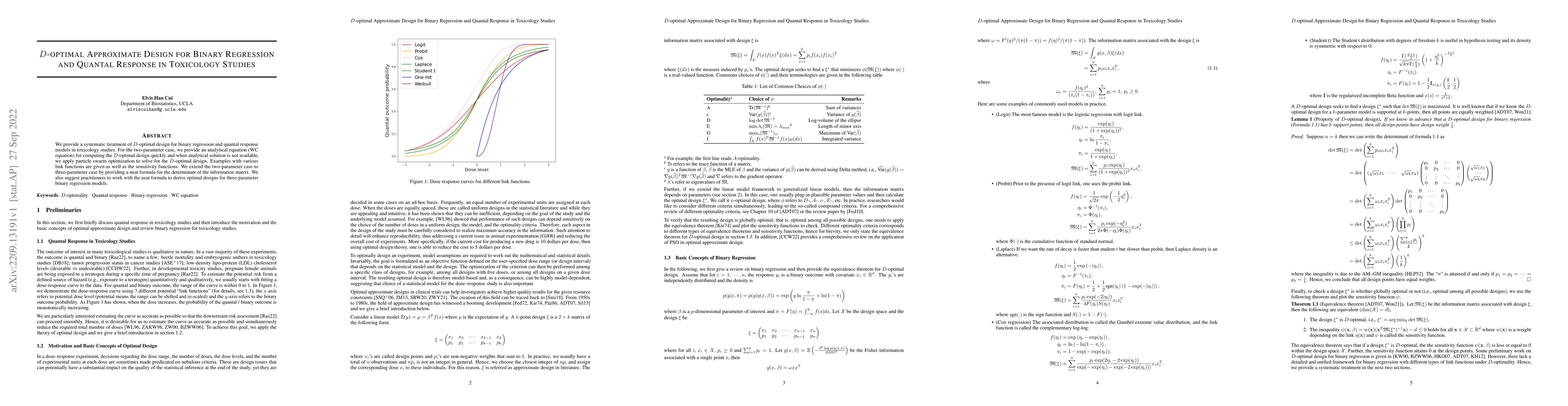 Thumbnail for D-optimal Approximate Design for Binary Regression and Quantal Response
  in Toxicology Studies