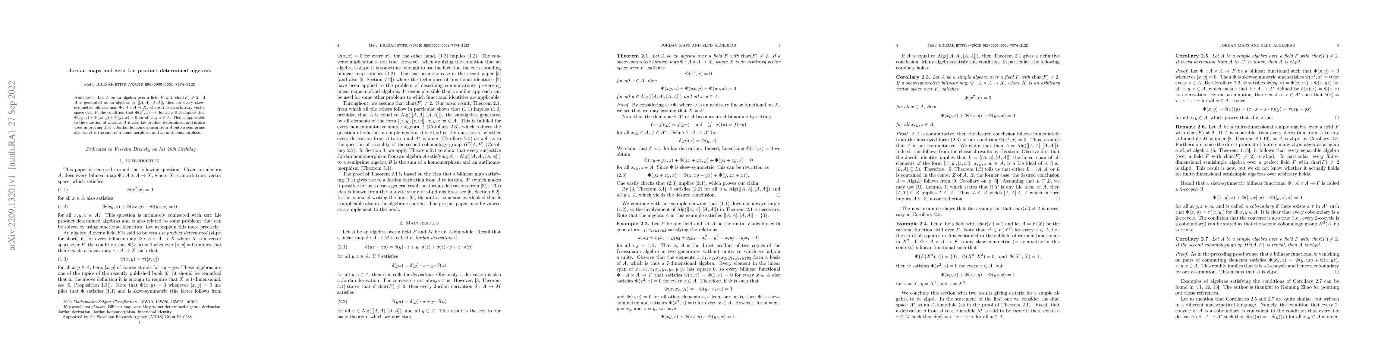 Thumbnail for Jordan maps and zero Lie product determined algebras