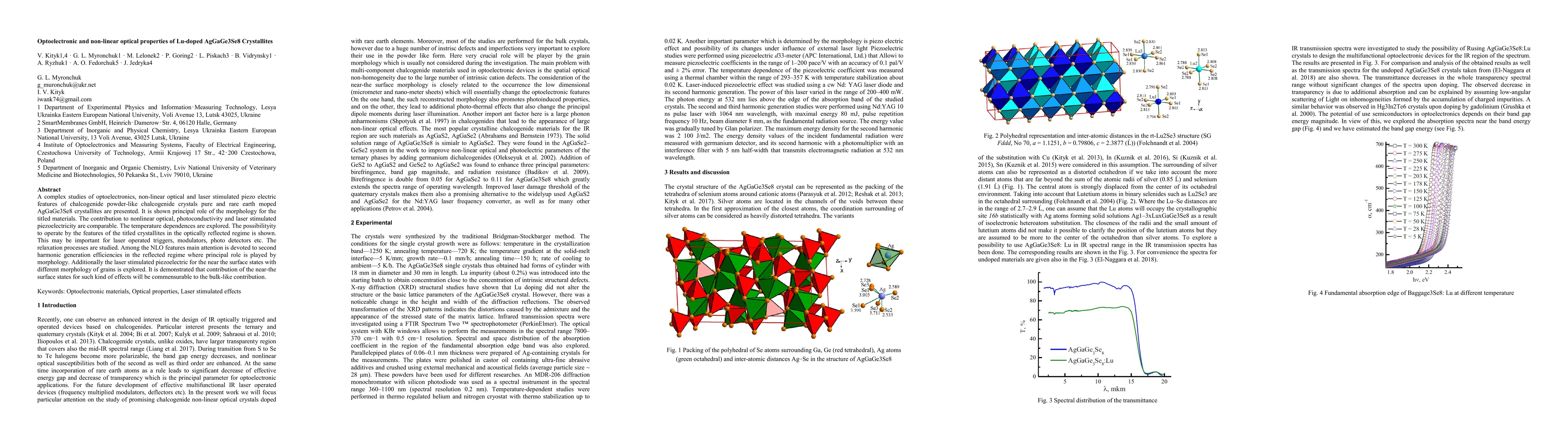Thumbnail for Optoelectronic and nonlinear optical properties of Lu doped AgGaGe3Se8
  crystallites