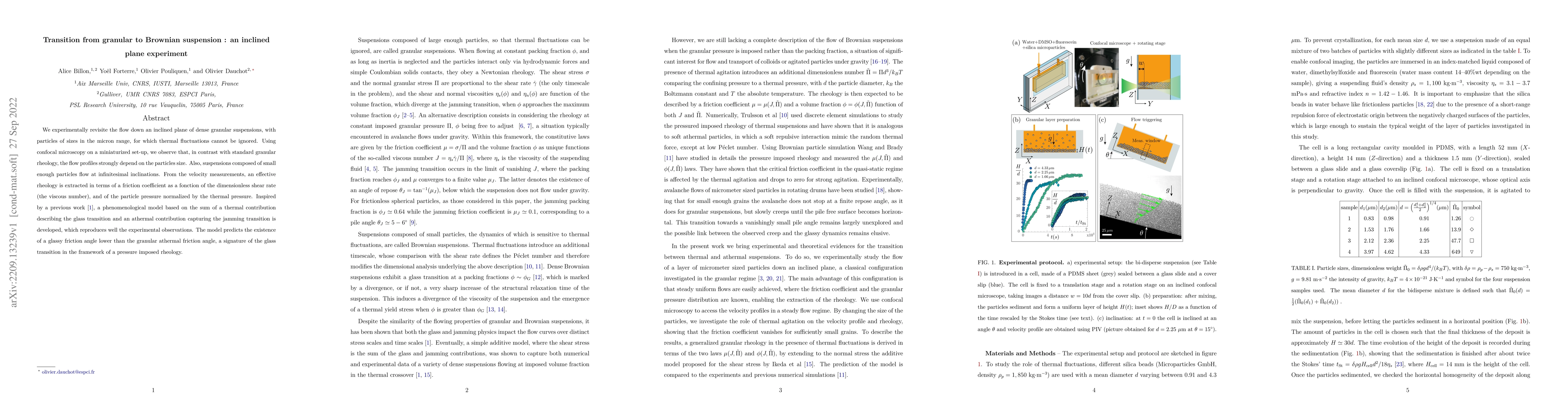 Thumbnail for Transition from granular to Brownian suspension : an inclined plane
  experiment