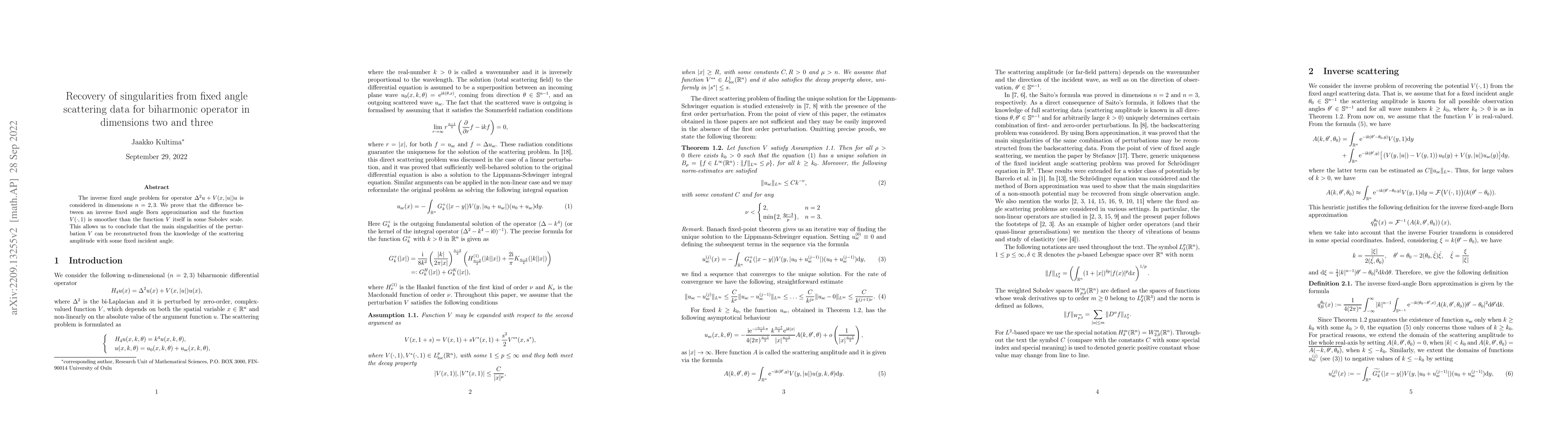 Thumbnail for Recovery of singularities from fixed angle scattering data for
  biharmonic operator in dimensions two and three