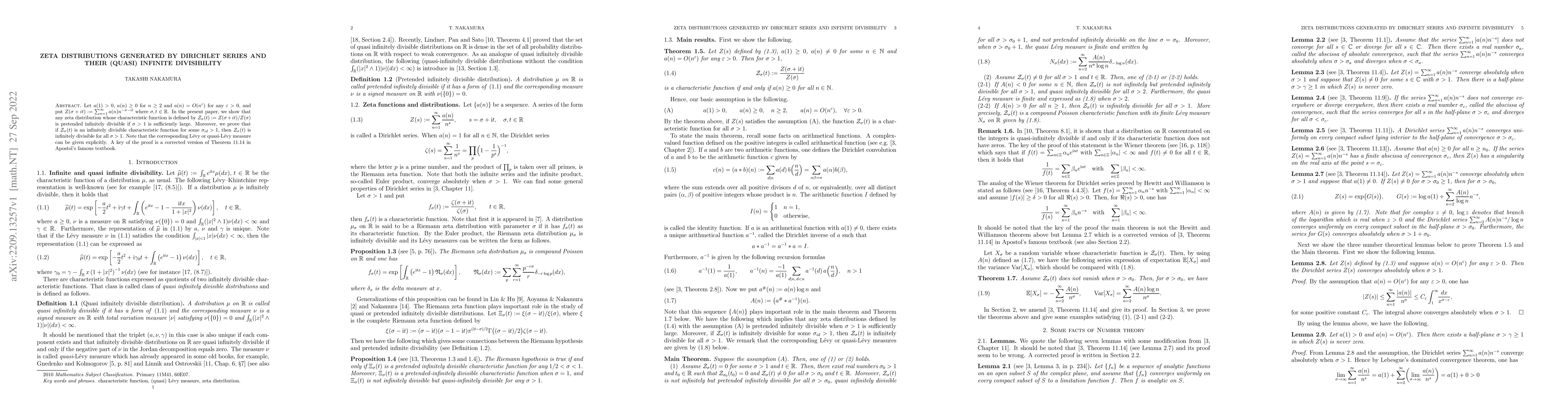 Thumbnail for Zeta distributions generated by Dirichlet series and their (quasi)
  infinite divisibility