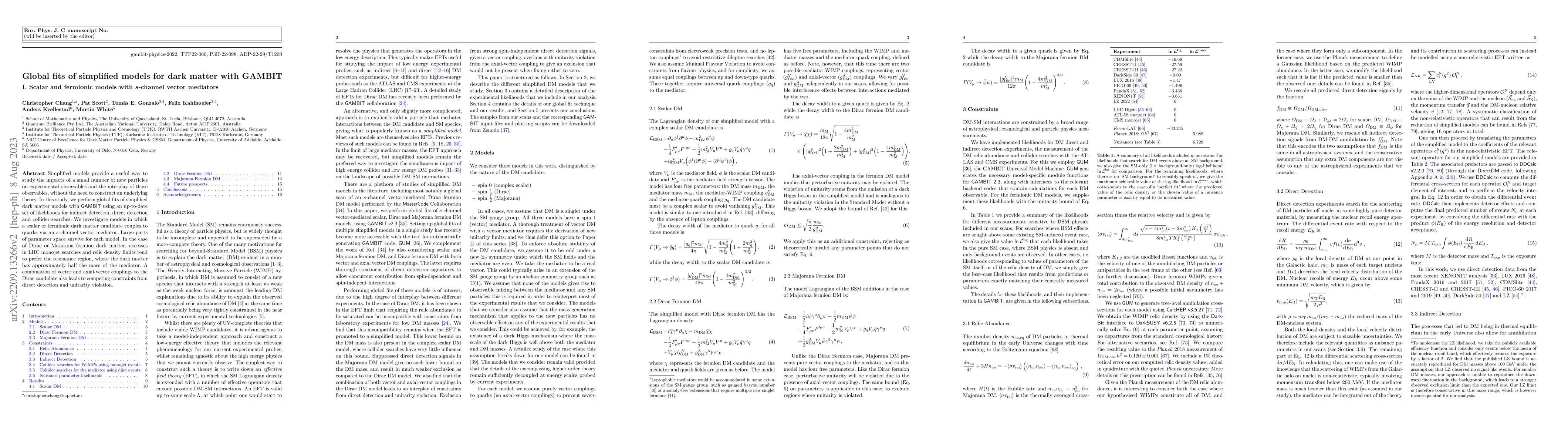 Thumbnail for Global fits of simplified models for dark matter with GAMBIT I. Scalar
  and fermionic models with s-channel vector mediators