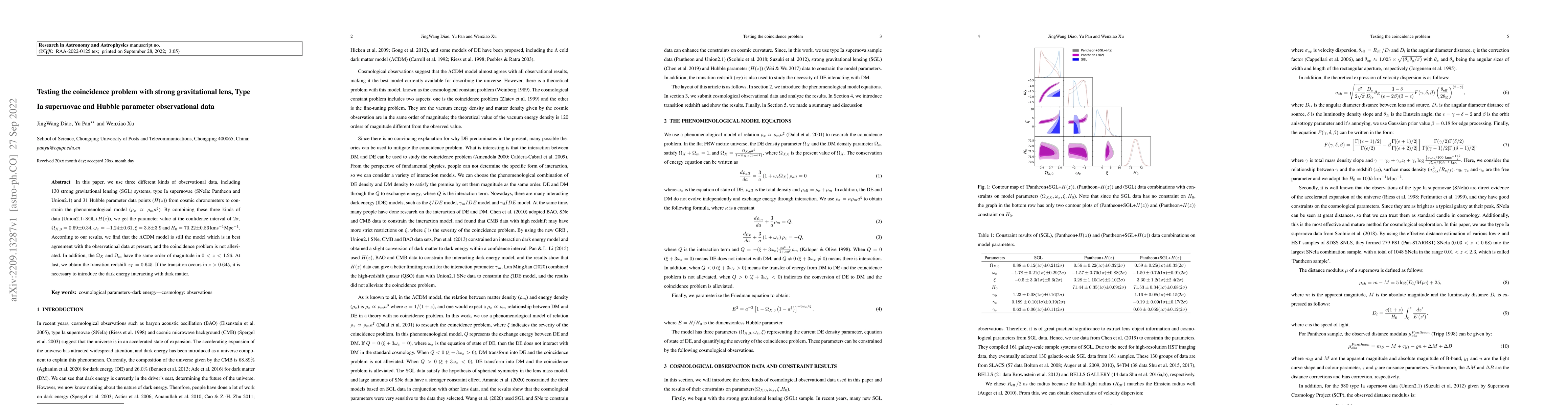 Thumbnail for Testing the coincidence problem with strong gravitational lens, Type Ia
  supernovae and Hubble parameter observational data