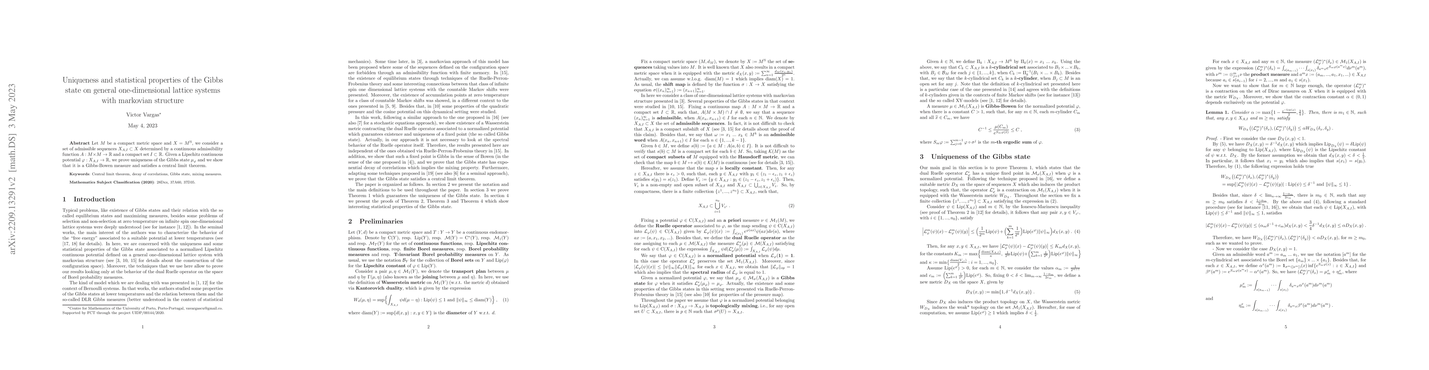 Thumbnail for Uniqueness and statistical properties of the Gibbs state on general
  one-dimensional lattice systems with markovian structure