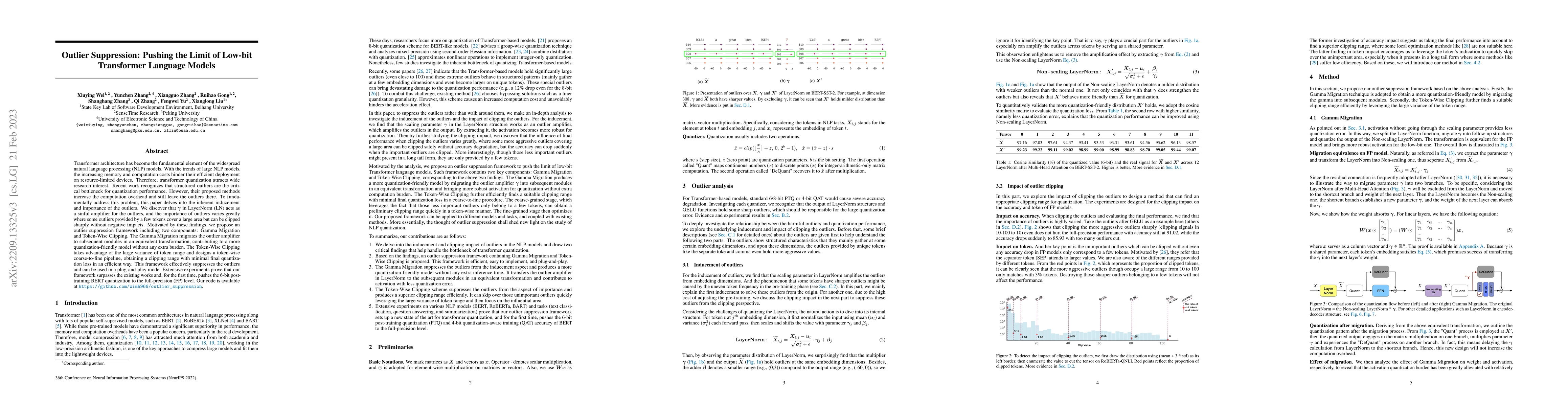 Thumbnail for Outlier Suppression: Pushing the Limit of Low-bit Transformer Language
  Models