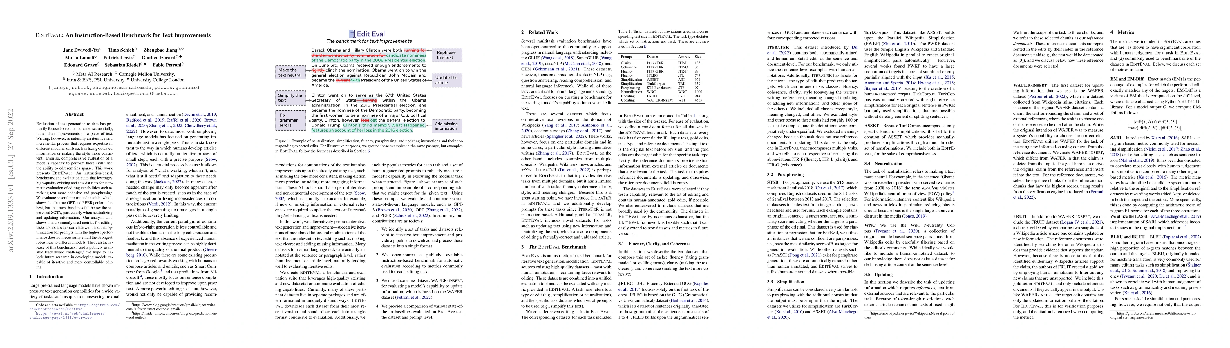 Thumbnail for EditEval: An Instruction-Based Benchmark for Text Improvements