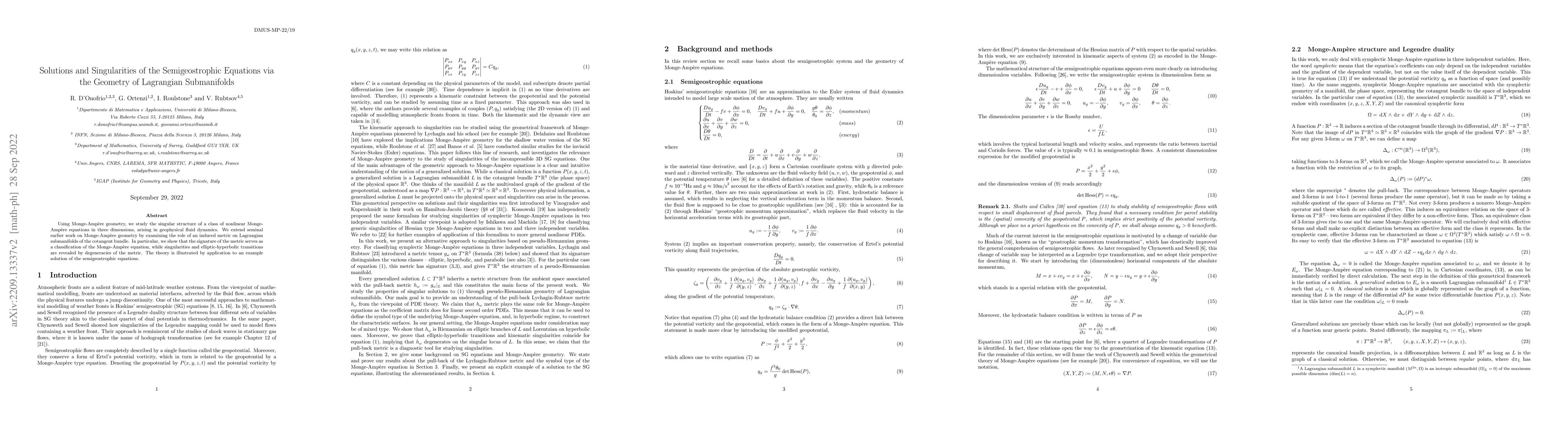 Thumbnail for Solutions and Singularities of the Semigeostrophic Equations via the
  Geometry of Lagrangian Submanifolds