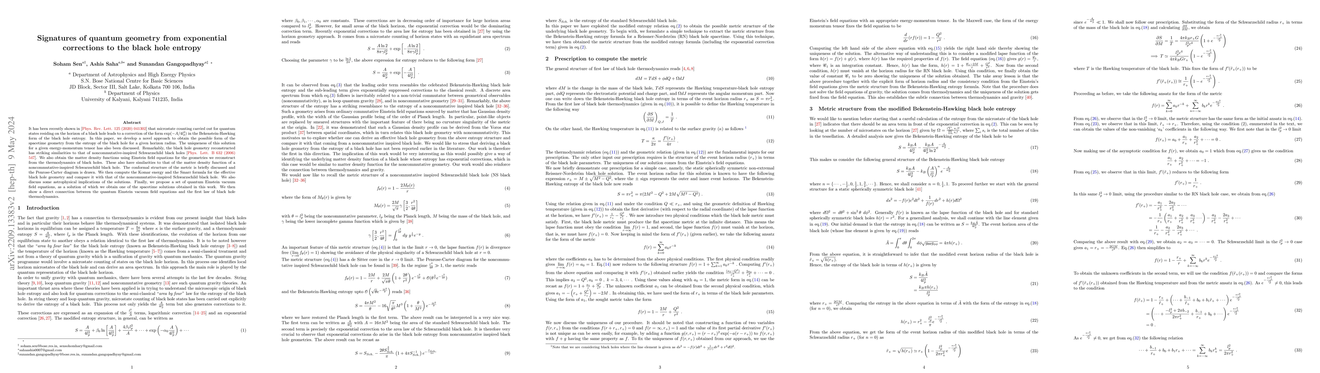 Thumbnail for Signatures of quantum geometry from exponential corrections to the black
  hole entropy