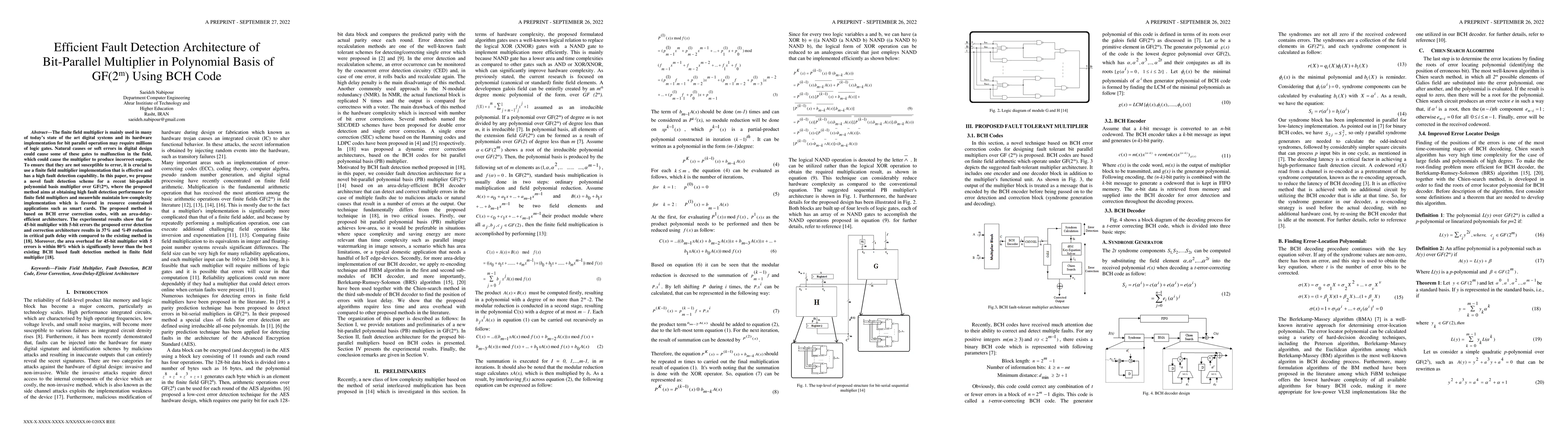 Thumbnail for Efficient Fault Detection Architecture of Bit-Parallel Multiplier in
  Polynomial Basis of GF(2m) Using BCH Code
