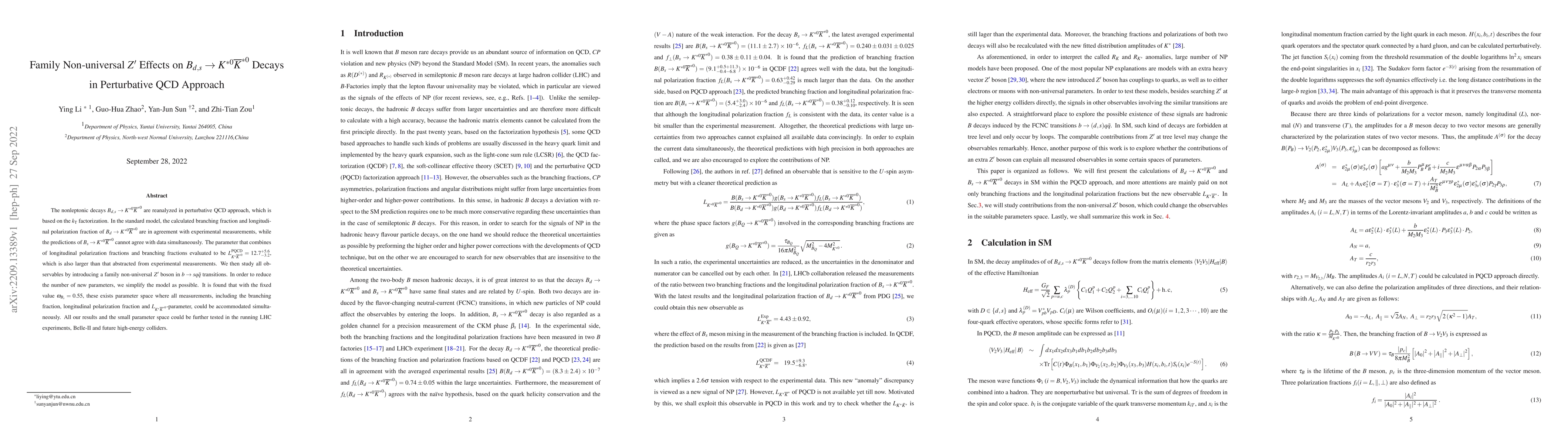 Thumbnail for Family Non-universal $Z^\prime$ Effects on $B_{d,s} \to K^{*0}
  {\overline K^{*0}}$ Decays in Perturbative QCD Approach