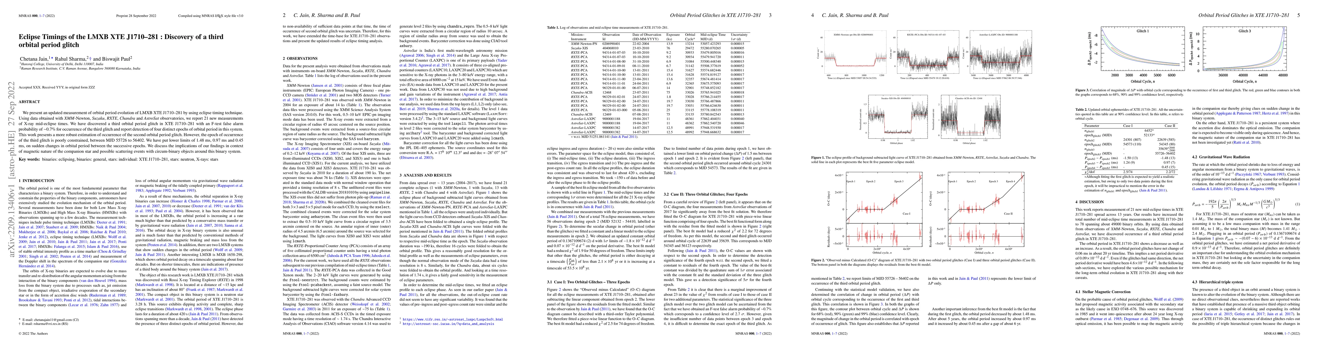 Thumbnail for Eclipse Timings of the LMXB XTE J1710-281 : Discovery of a third orbital
  period glitch