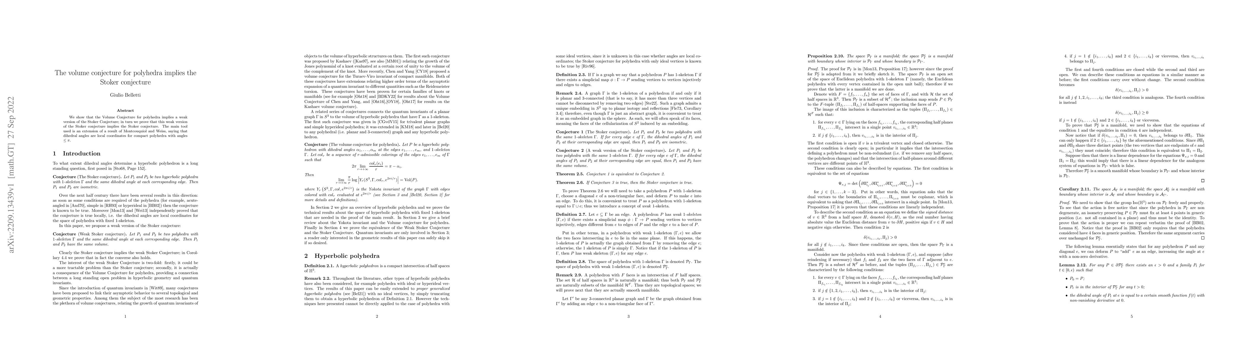 Thumbnail for The volume conjecture for polyhedra implies the Stoker conjecture
