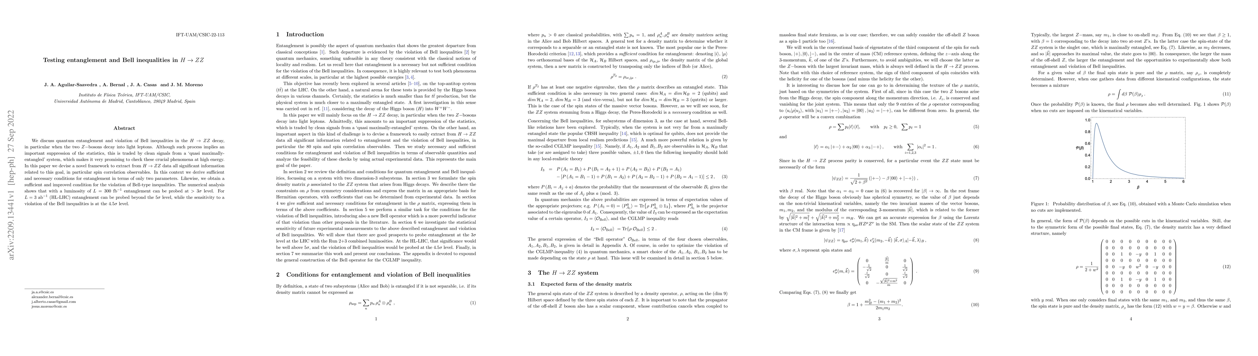 Thumbnail for Testing entanglement and Bell inequalities in $H \to ZZ$