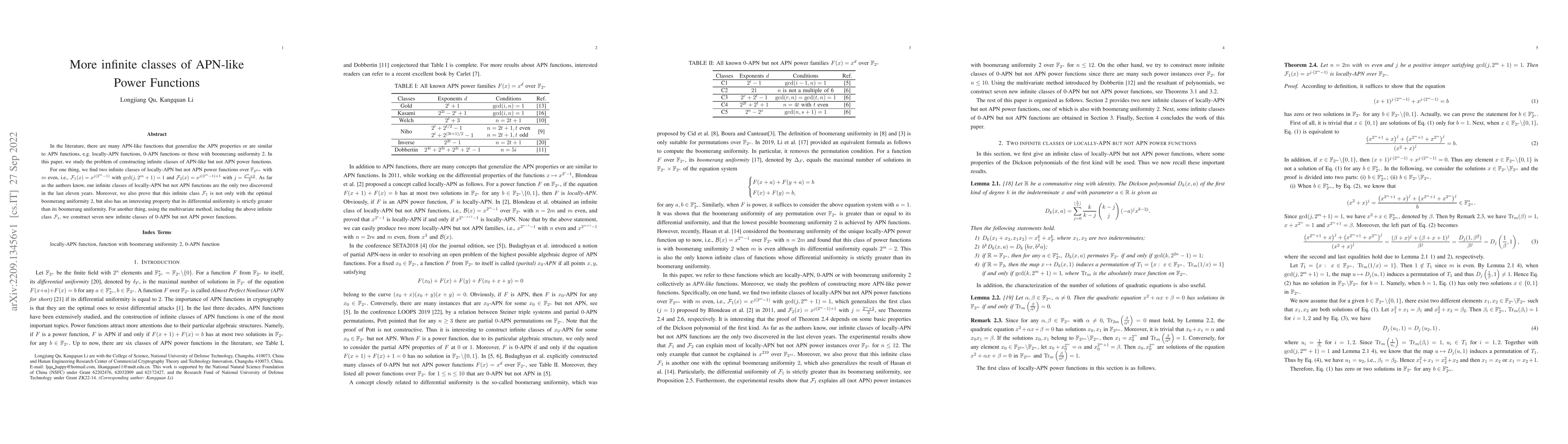 Thumbnail for More infinite classes of APN-like Power Functions