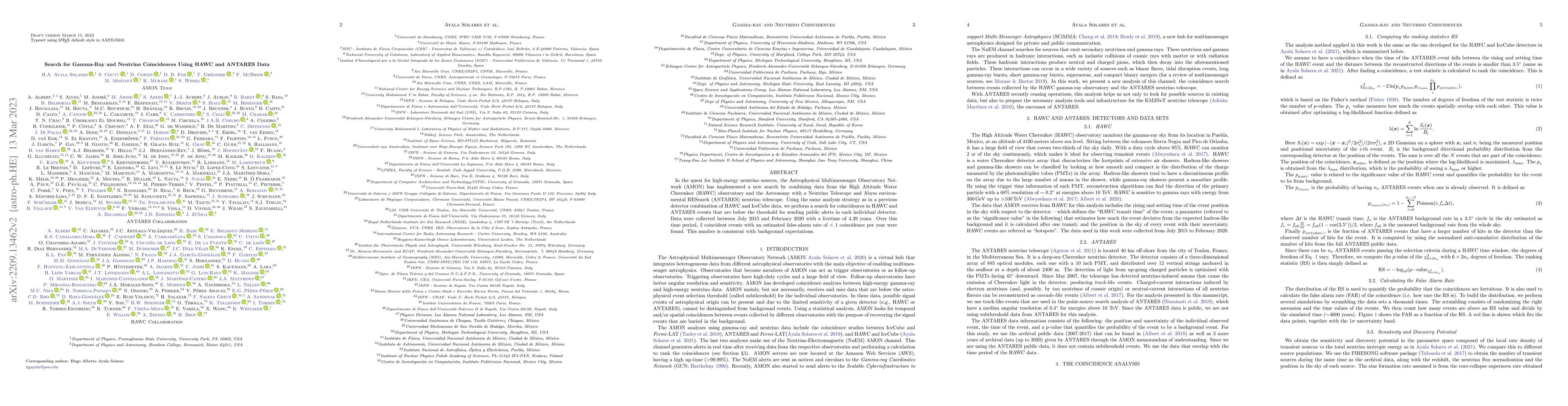 Thumbnail for Search for Gamma-Ray and Neutrino Coincidences Using HAWC and ANTARES
  Data