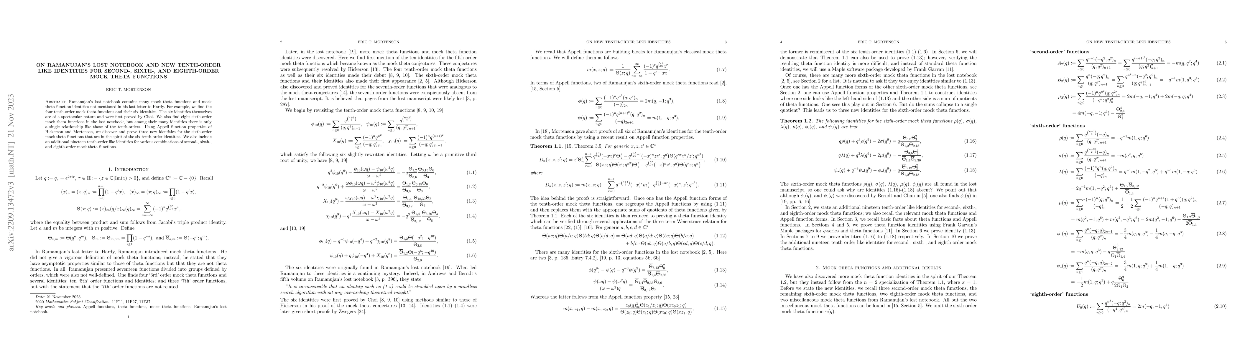 Thumbnail for On Ramanujan's lost notebook and new tenth-order like identities for
  second-, sixth-, and eighth-order mock theta functions