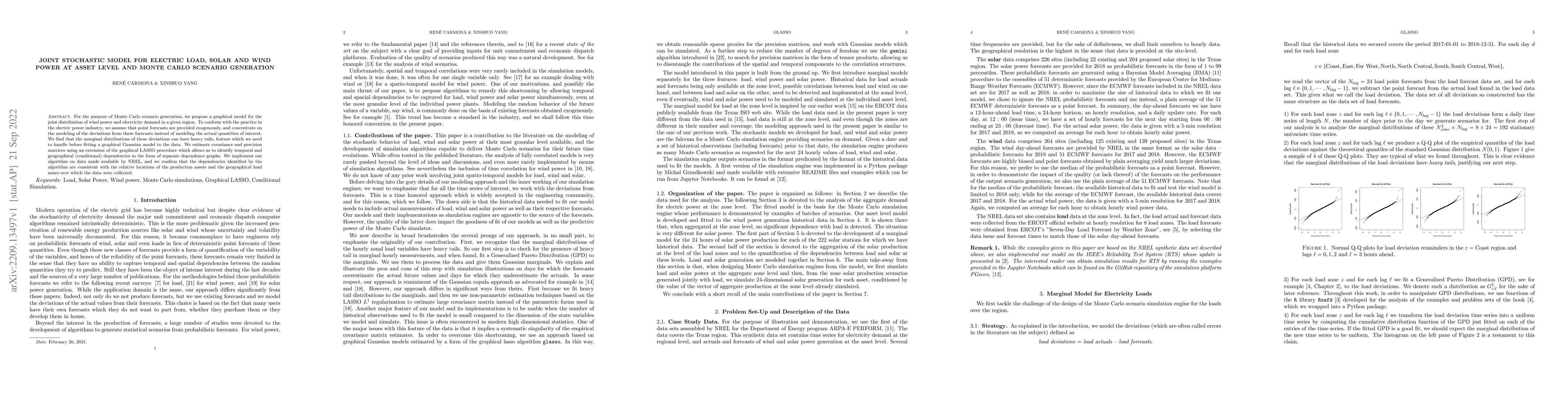 Thumbnail for Joint Stochastic Model for Electric Load, Solar and Wind Power at Asset
  Level and Monte Carlo Scenario GenerationRen\'e Carmona \& Xinshuo Yang