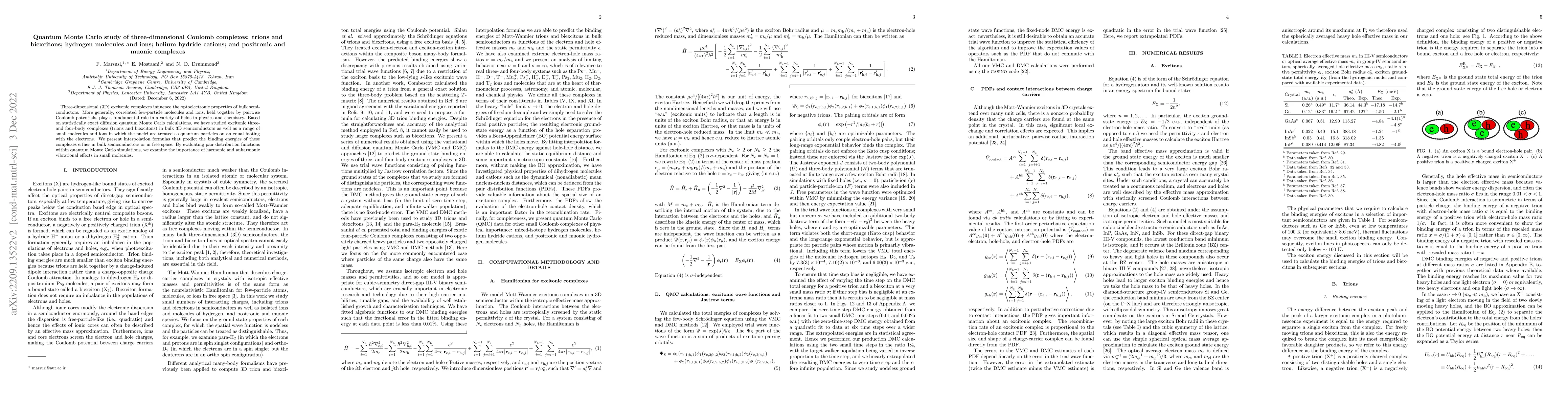 Thumbnail for Quantum Monte Carlo study of three-dimensional Coulomb complexes: trions
  and biexcitons; hydrogen molecules and ions; helium hydride cations; and
  positronic and muonic complexes