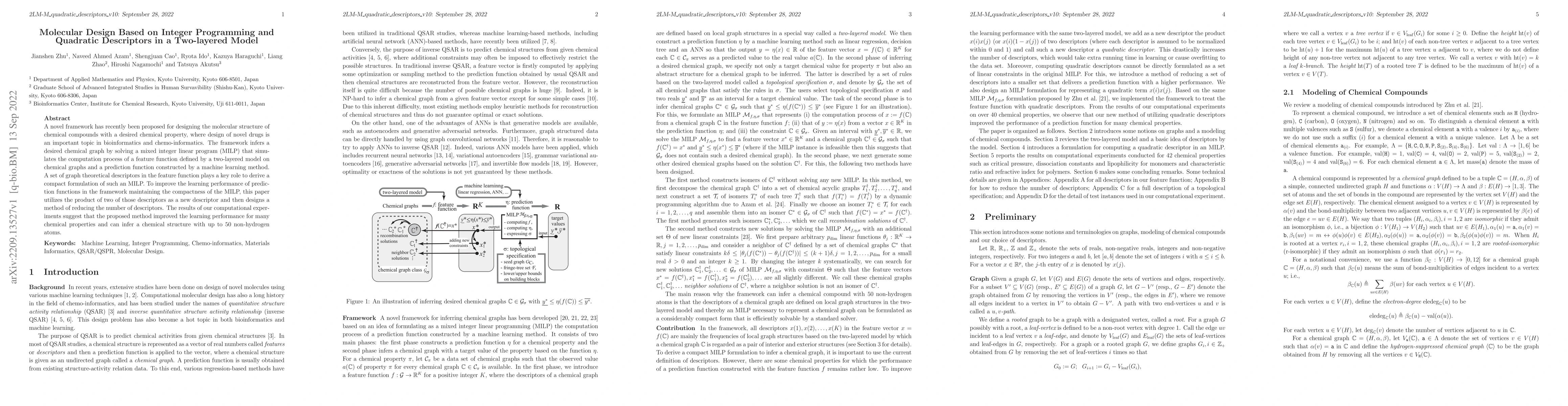 Thumbnail for Molecular Design Based on Integer Programming and Quadratic Descriptors
  in a Two-layered Model
