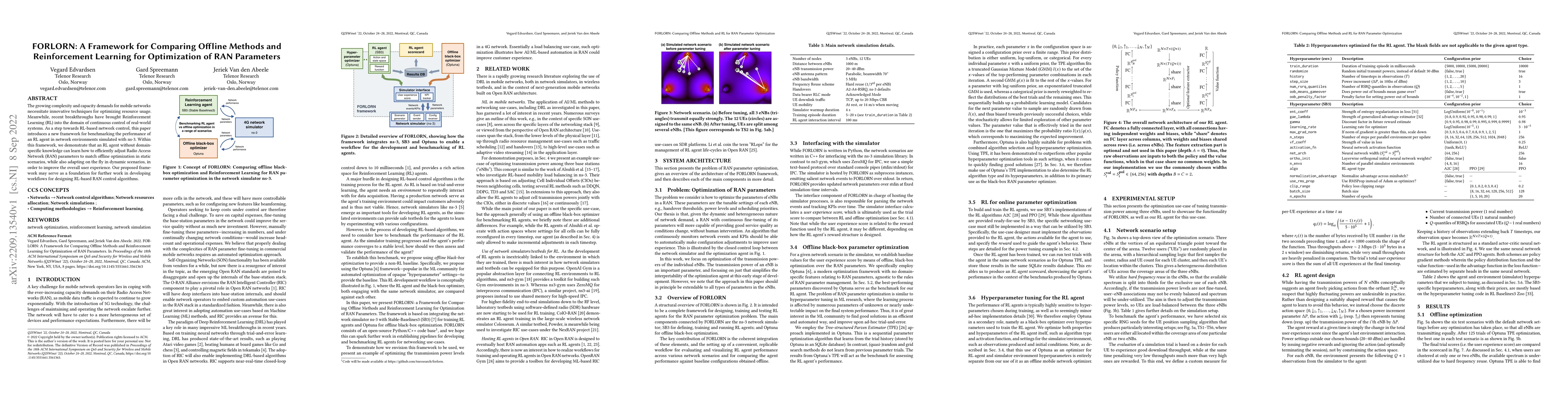 Thumbnail for FORLORN: A Framework for Comparing Offline Methods and Reinforcement
  Learning for Optimization of RAN Parameters