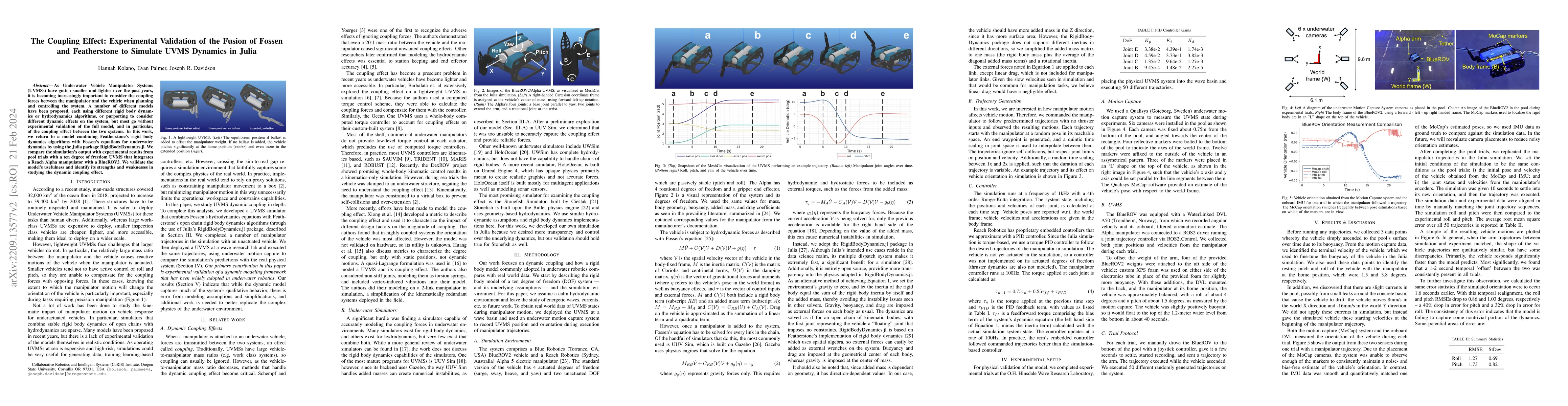 Thumbnail for The Coupling Effect: Experimental Validation of the Fusion of Fossen and
  Featherstone to Simulate UVMS Dynamics in Julia