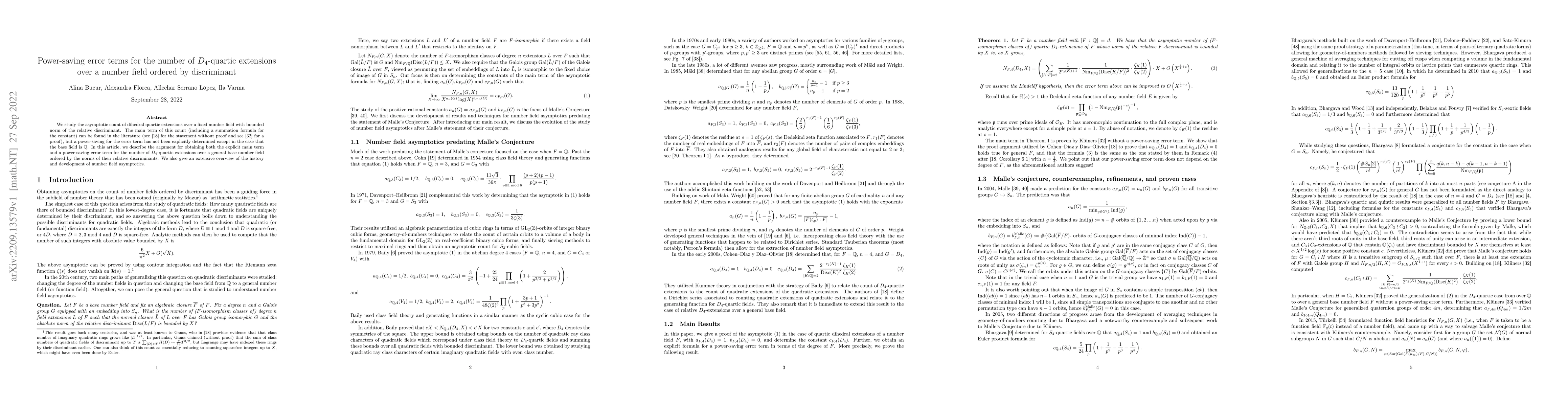Thumbnail for Power-saving error terms for the number of $D_4$-quartic extensions over
  a number field ordered by discriminant
