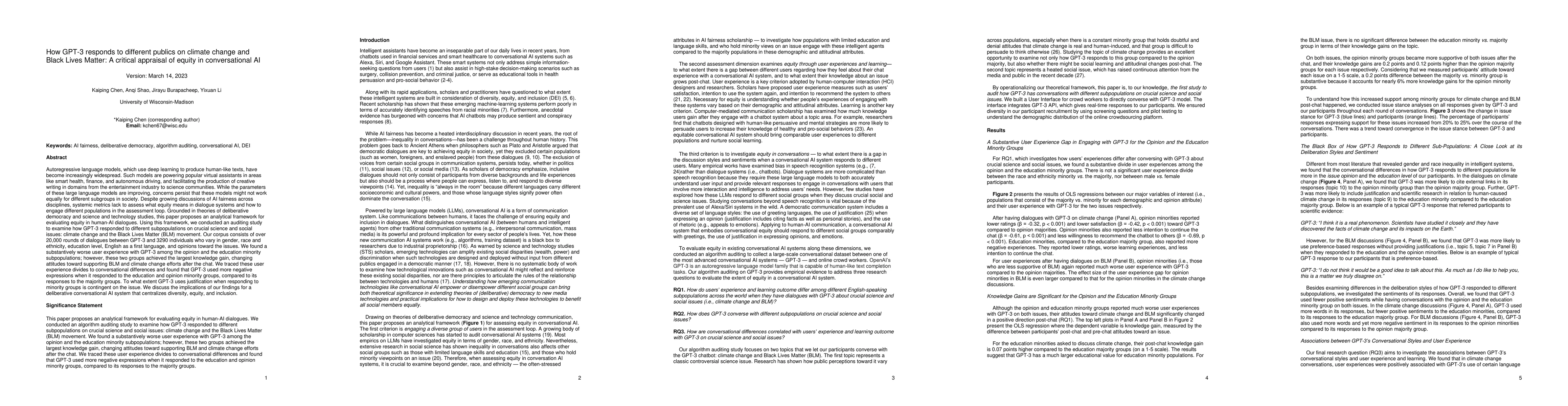 Thumbnail for How GPT-3 responds to different publics on climate change and Black
  Lives Matter: A critical appraisal of equity in conversational AI