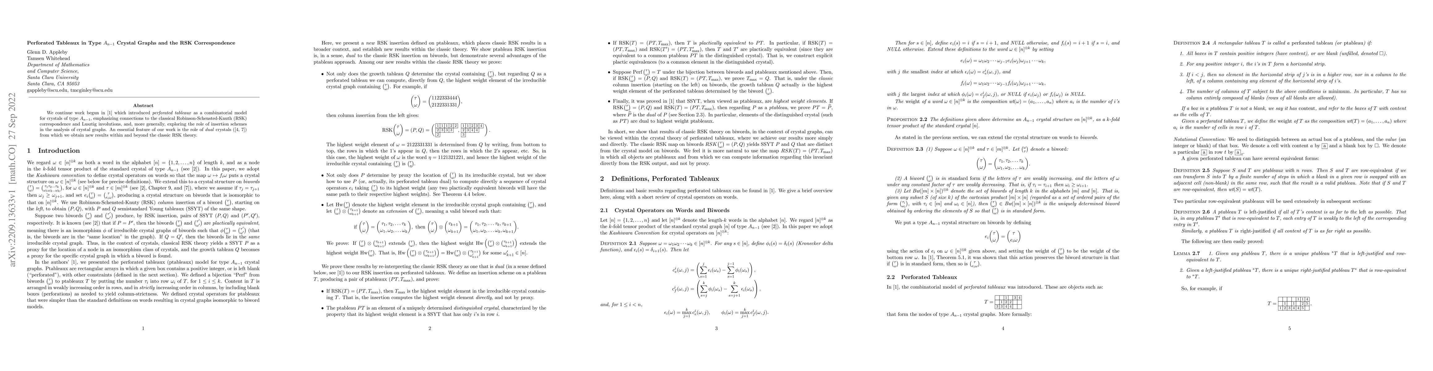 Thumbnail for Perforated Tableaux in Type $A_{n-1}$ Crystal Graphs and the RSK
  Correspondence