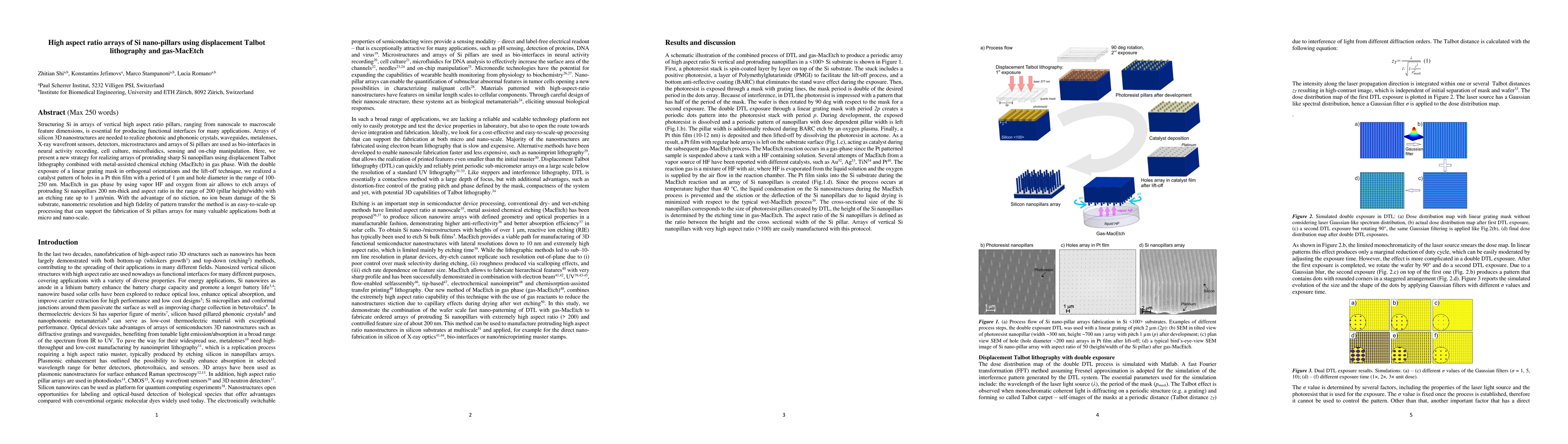 Thumbnail for High aspect ratio arrays of Si nano-pillars using displacement Talbot
  lithography and gas-MacEtch