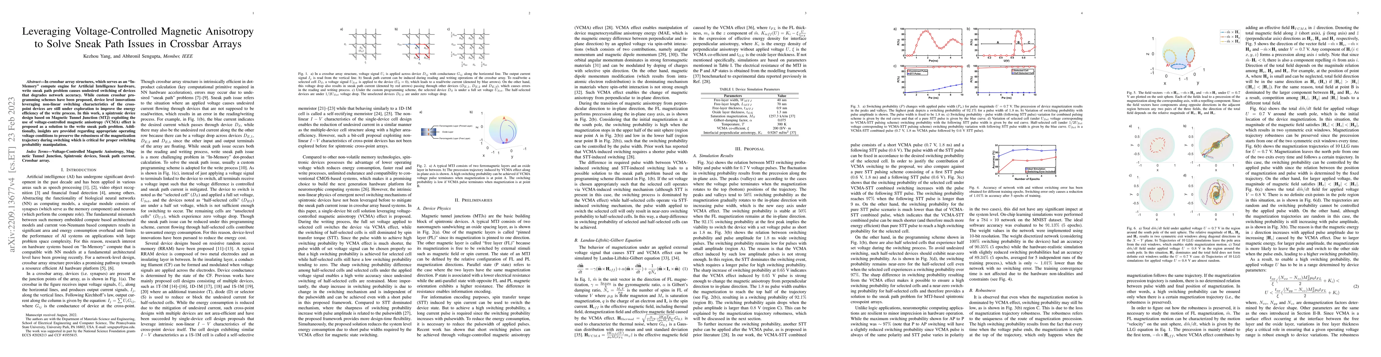 Thumbnail for Leveraging Voltage-Controlled Magnetic Anisotropy to Solve Sneak Path
  Issues in Crossbar Arrays