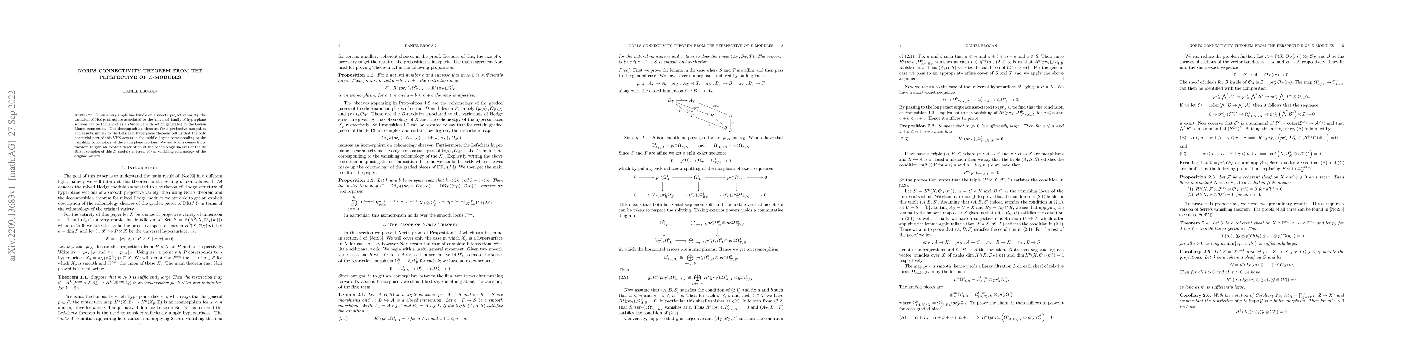 Thumbnail for Nori's connectivity theorem from the perspective of $D$-modules