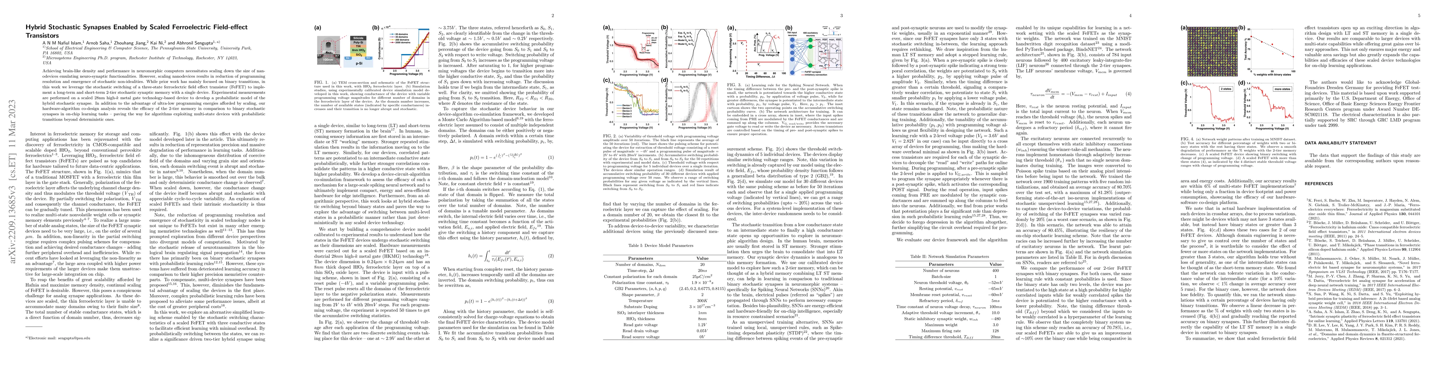 Thumbnail for Hybrid Stochastic Synapses Enabled by Scaled Ferroelectric Field-effect
  Transistors