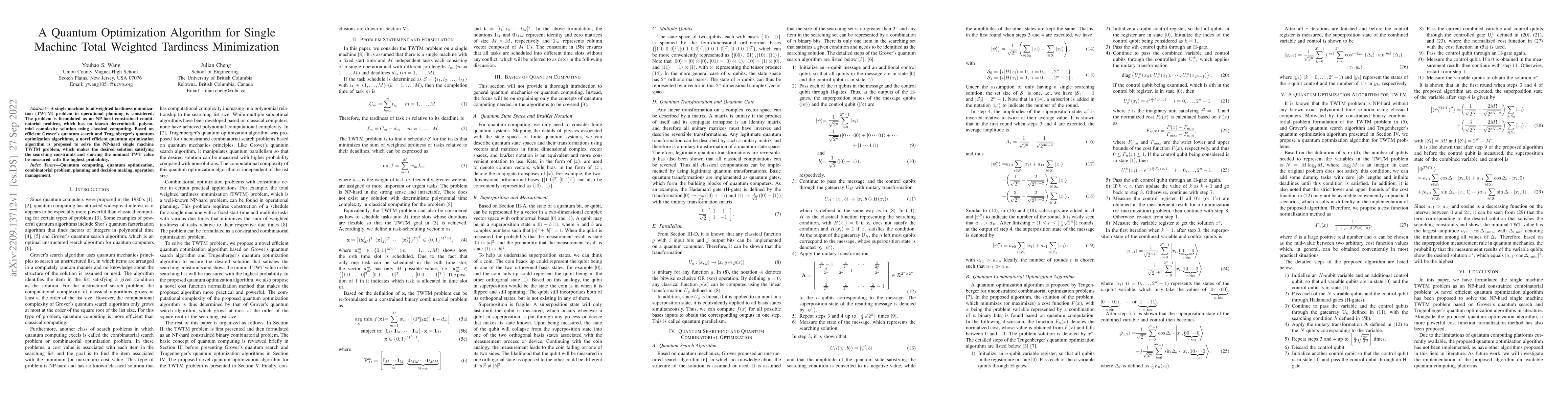 Thumbnail for A Quantum Optimization Algorithm for Single Machine Total Weighted
  Tardiness Minimization