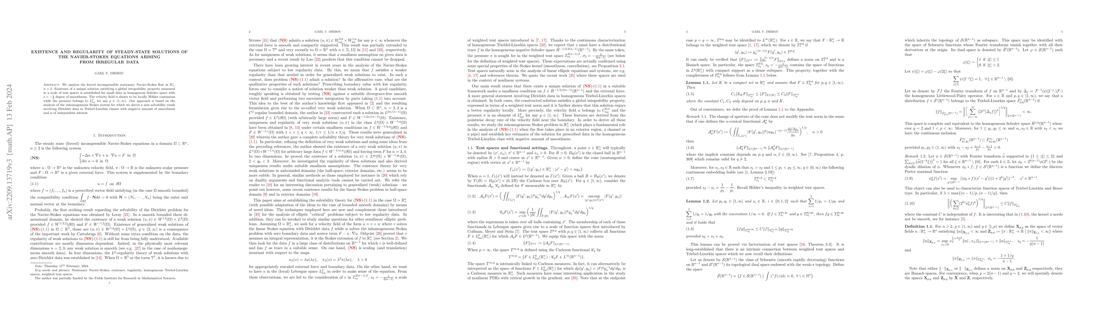 Thumbnail for Existence and regularity of steady-state solutions of the Navier-Stokes
  equations arising from irregular data