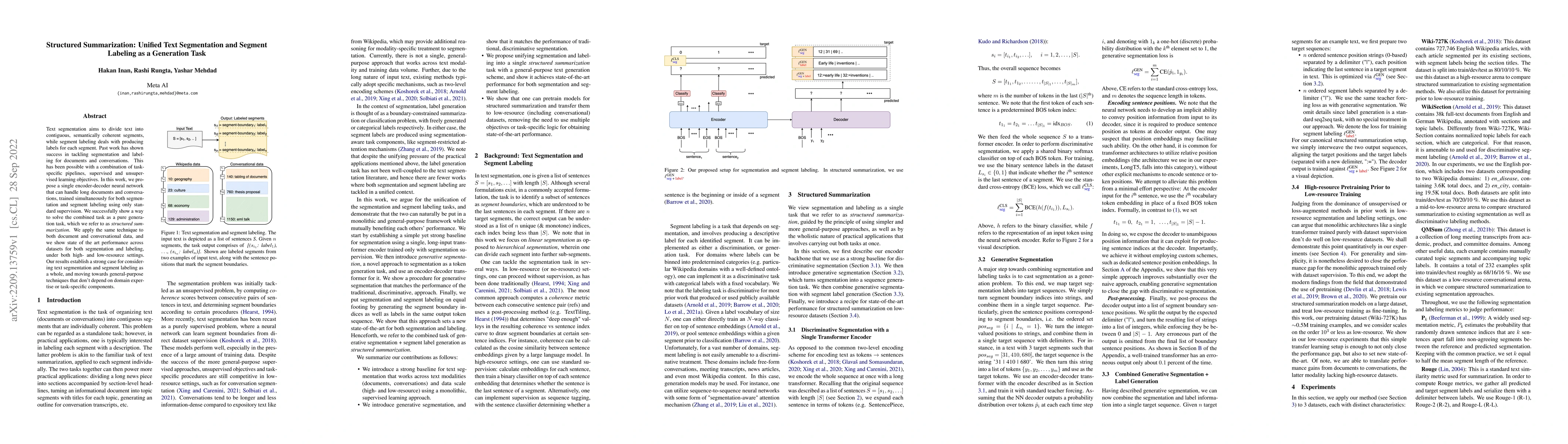 Thumbnail for Structured Summarization: Unified Text Segmentation and Segment Labeling
  as a Generation Task