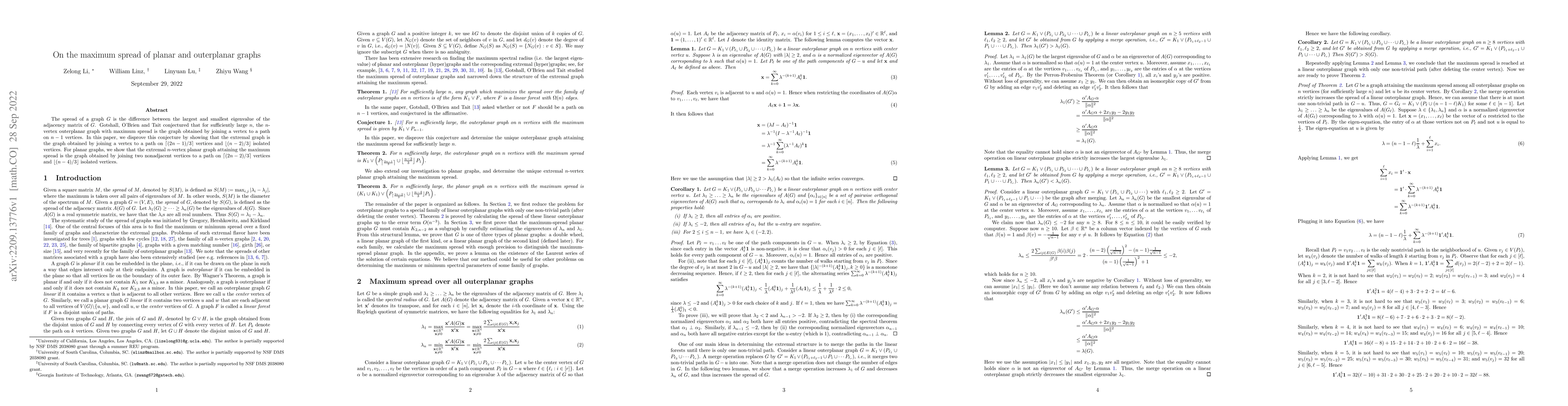Thumbnail for On the maximum spread of planar and outerplanar graphs