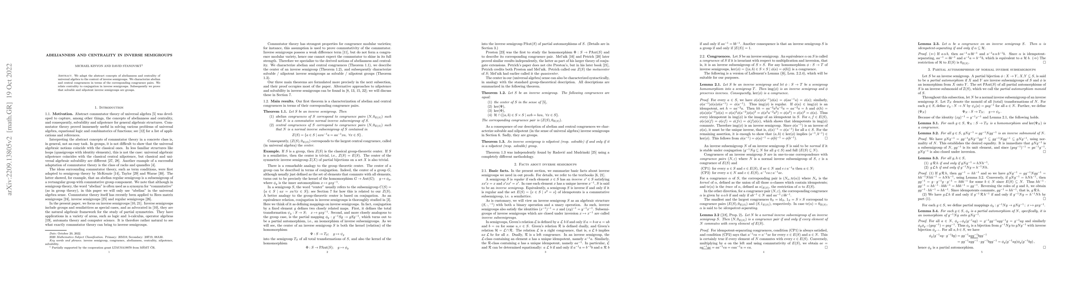 Thumbnail for Abelianness and centrality in inverse semigroups
