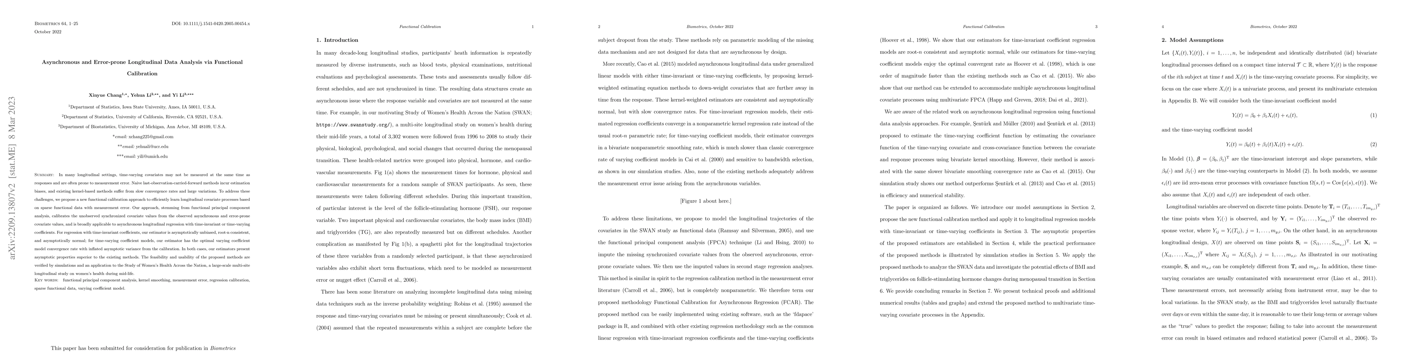 Thumbnail for Asynchronous and Error-prone Longitudinal Data Analysis via Functional
  Calibration