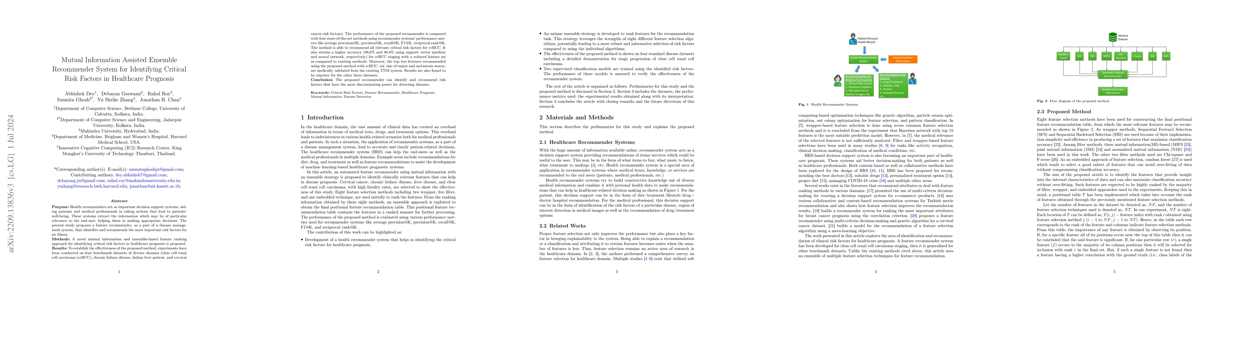 Thumbnail for Mutual Information Assisted Ensemble Recommender System for Identifying
  Critical Risk Factors in Healthcare Prognosis