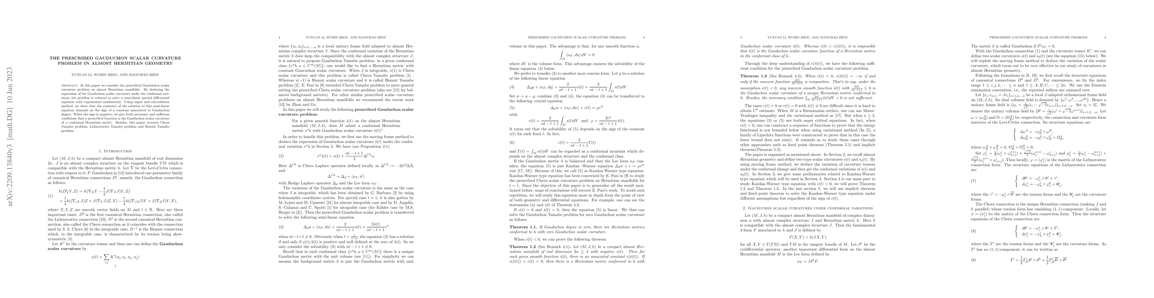 Thumbnail for The prescribed Gauduchon scalar curvature problem in almost Hermitian
  geometry